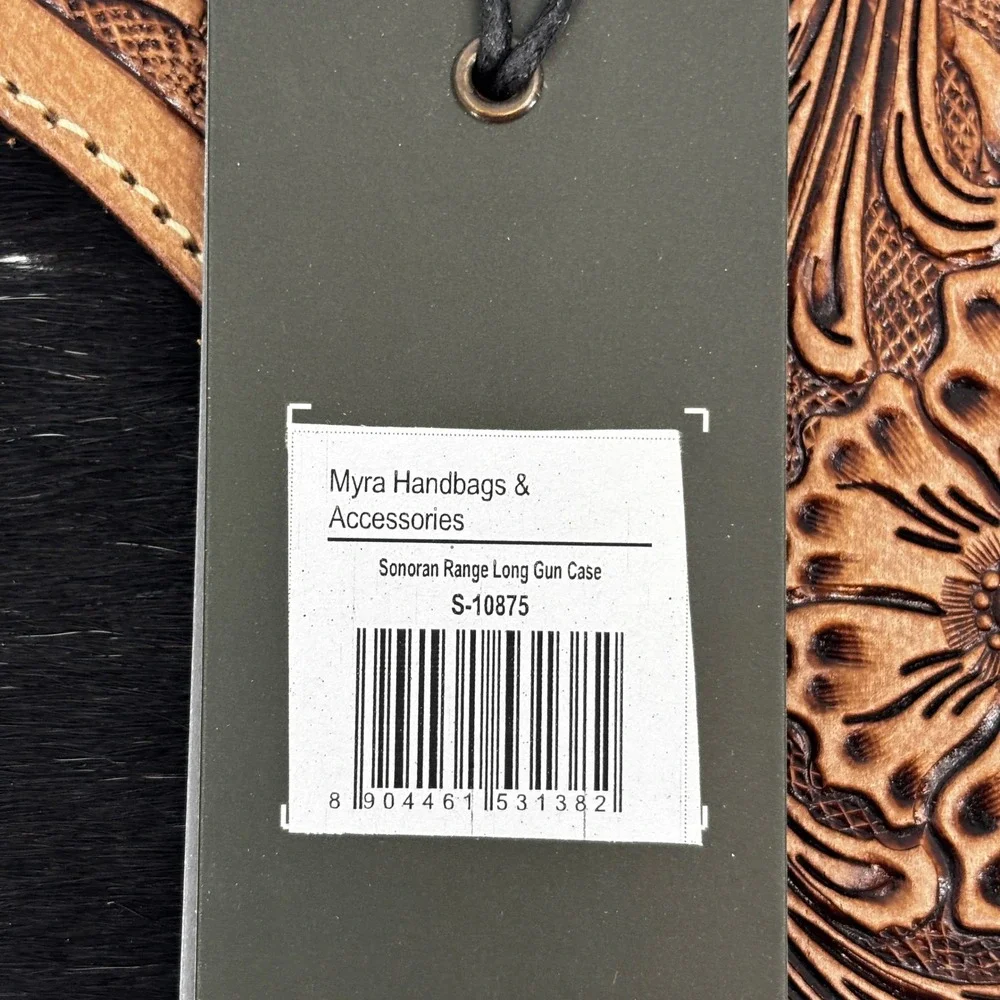 Myra Sonoran Range Long Pistol Pouch Case Brown Cow Tooled Leather Hair-on Hide